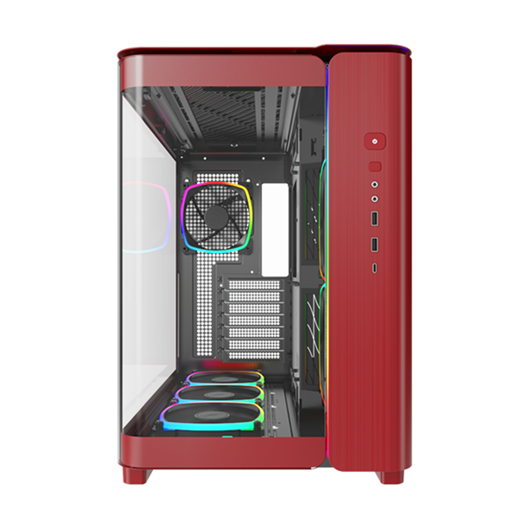 Boîtier d'ordinateur rouge avec un panneau latéral en verre. Il a des ventilateurs et des composants internes visibles.