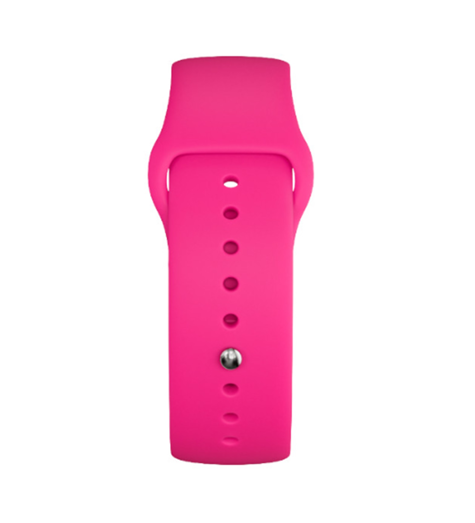 Różowy pasek do zegarka na białym tle, pokazujący otwory do regulacji i klamrę.