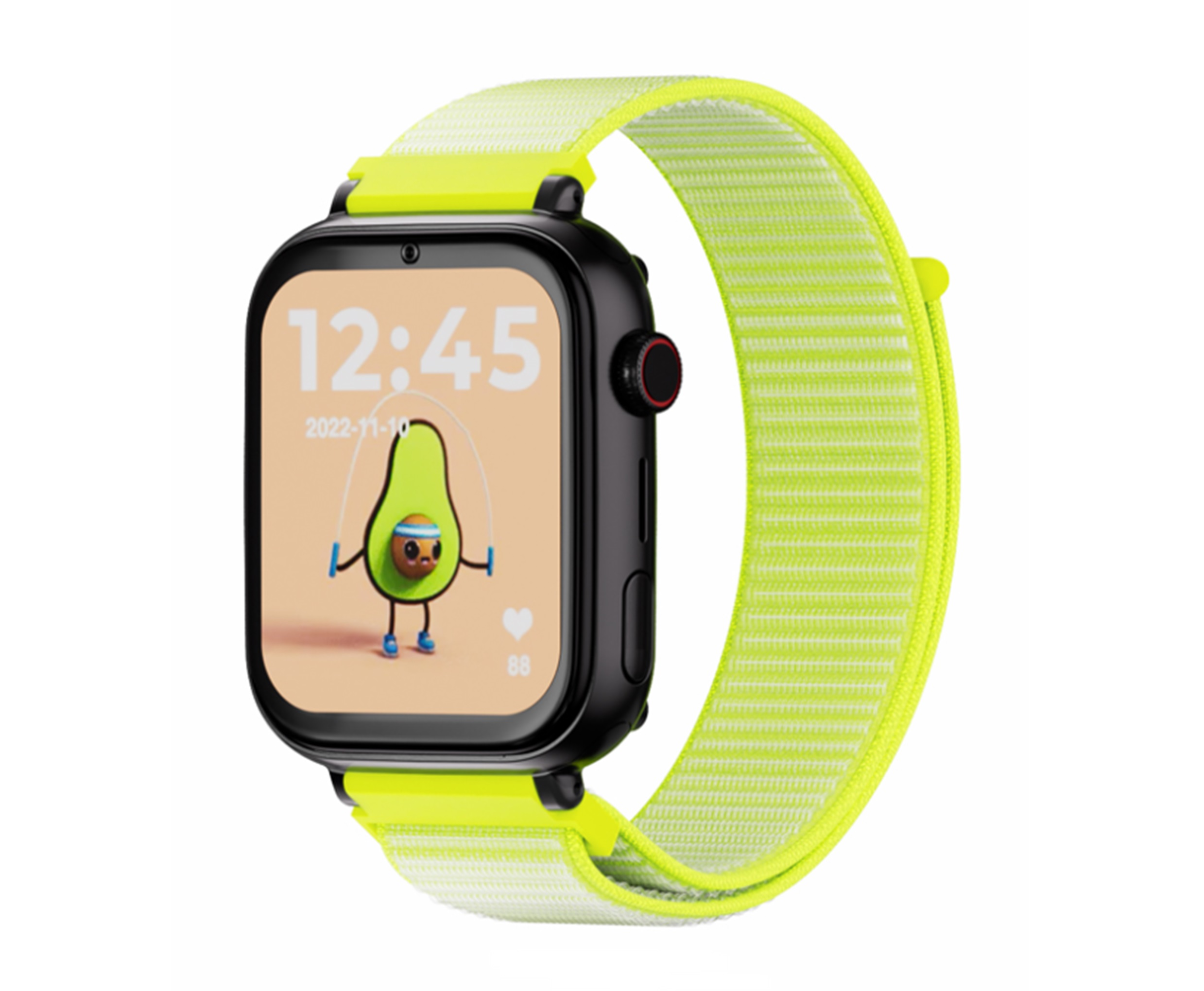 Smartwatch z czarną obudową i zielonym paskiem. Ekran pokazuje skaczące awokado.