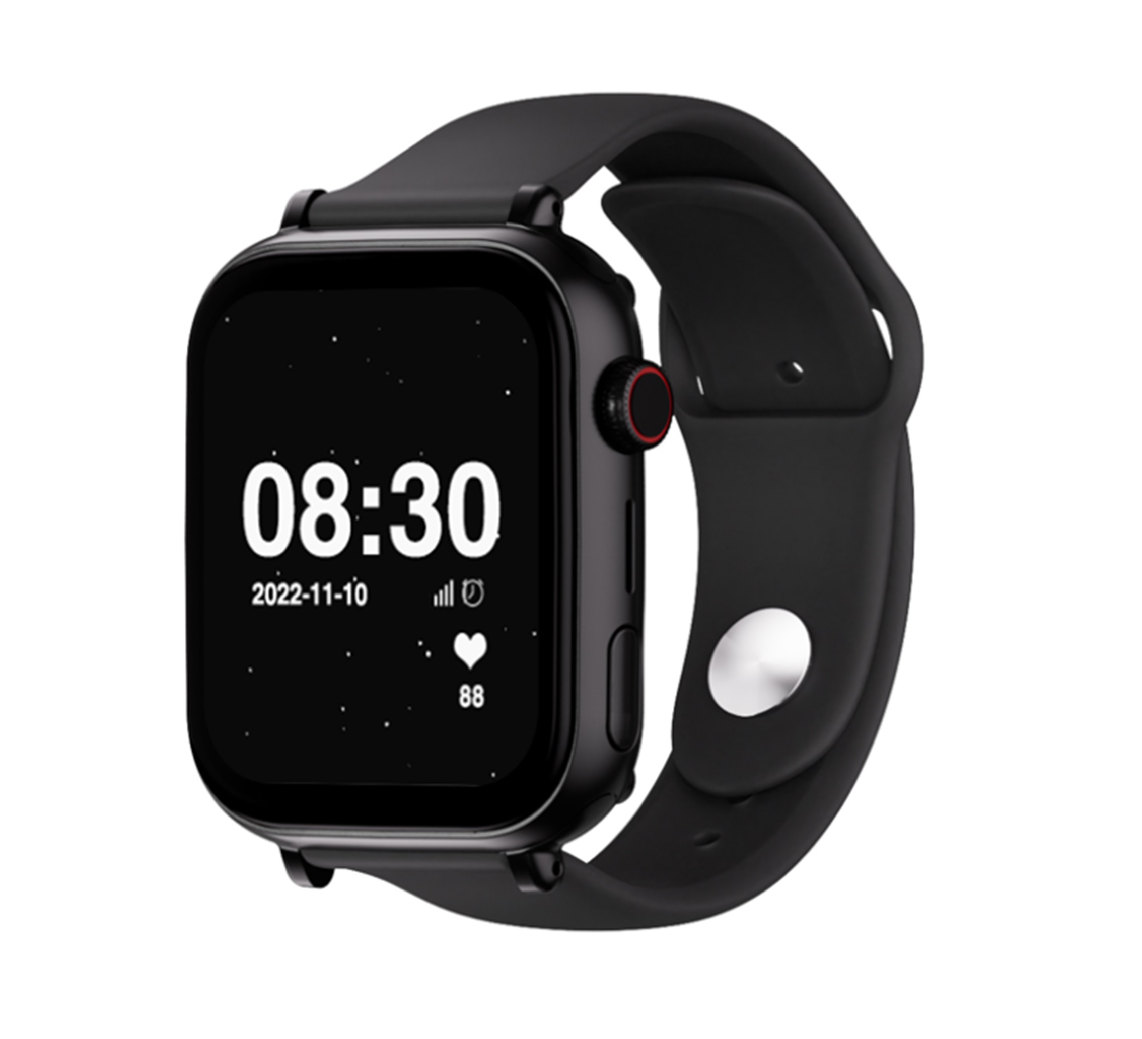 Czarny smartwatch z czarnym paskiem, pokazujący godzinę, datę i wskaźniki zdrowia.