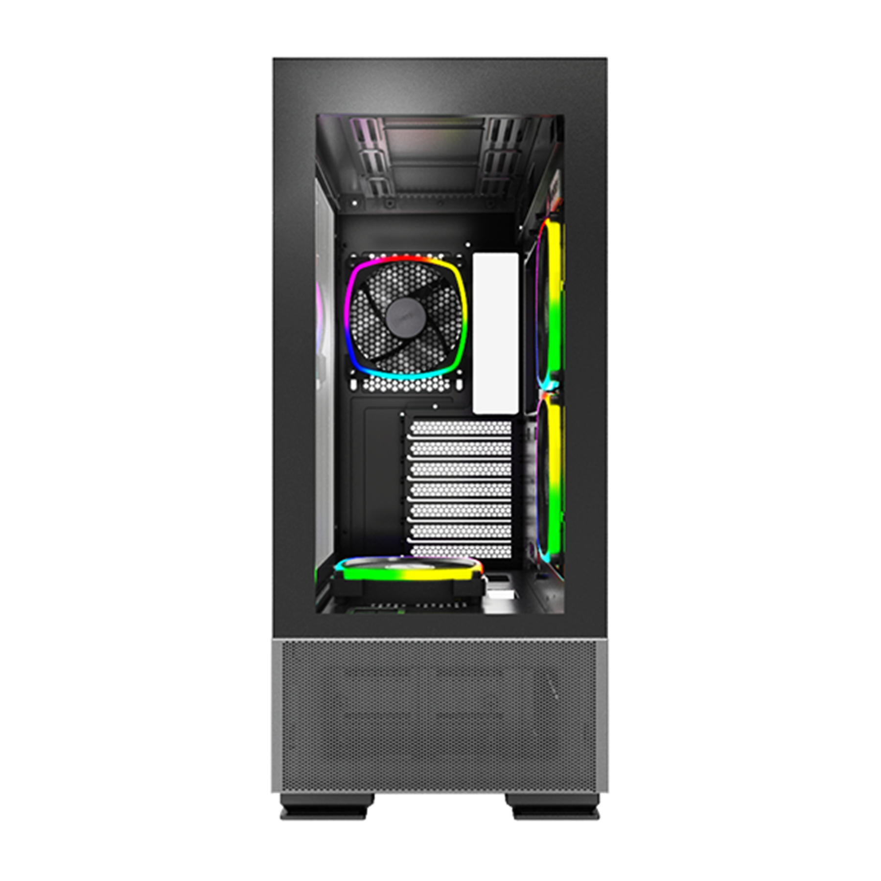 Interno di un case per computer. Ha una ventola, diverse luci e componenti visibili.