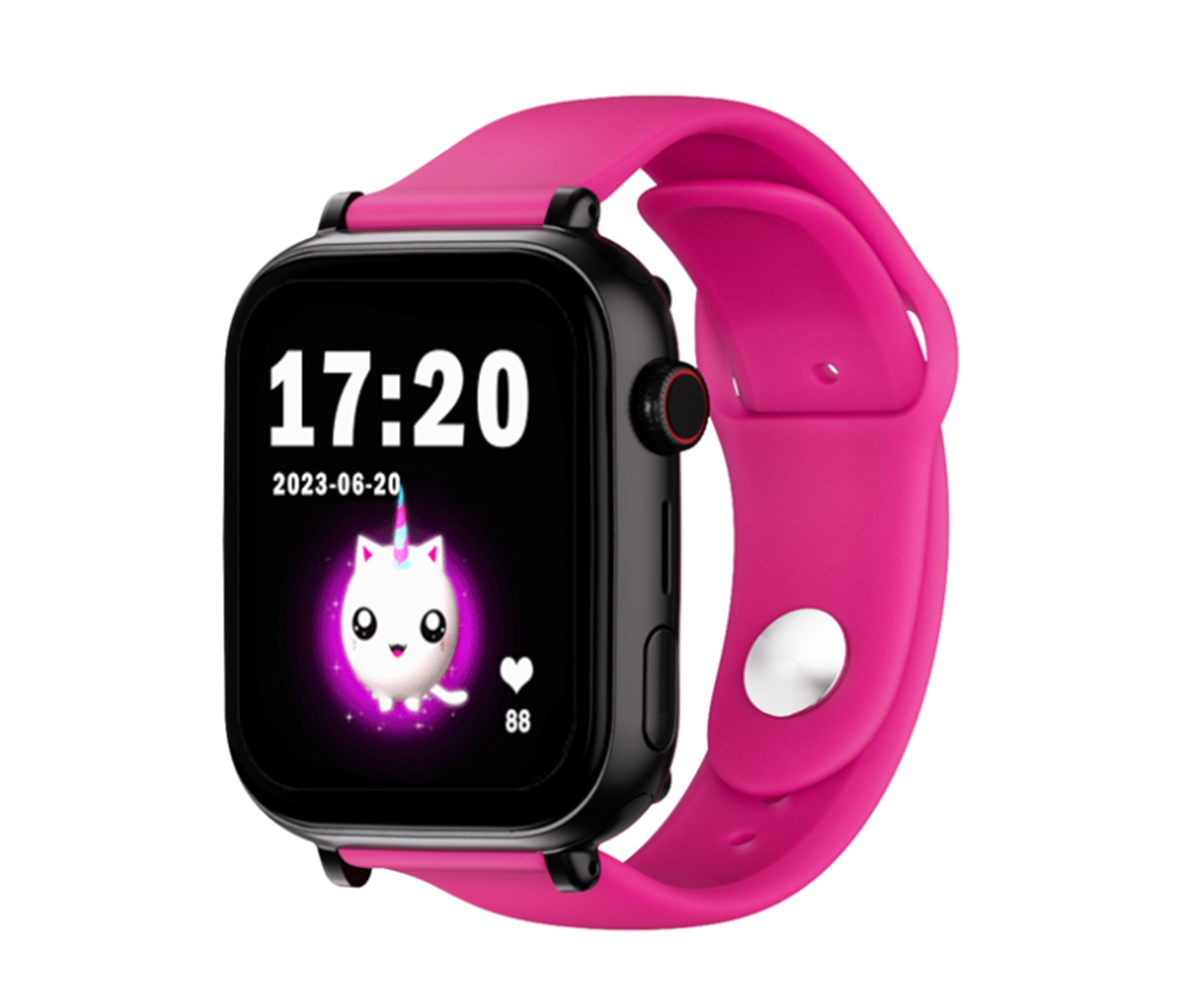 Różowy smartwatch z wyświetloną godziną, datą i postacią jednorożca.