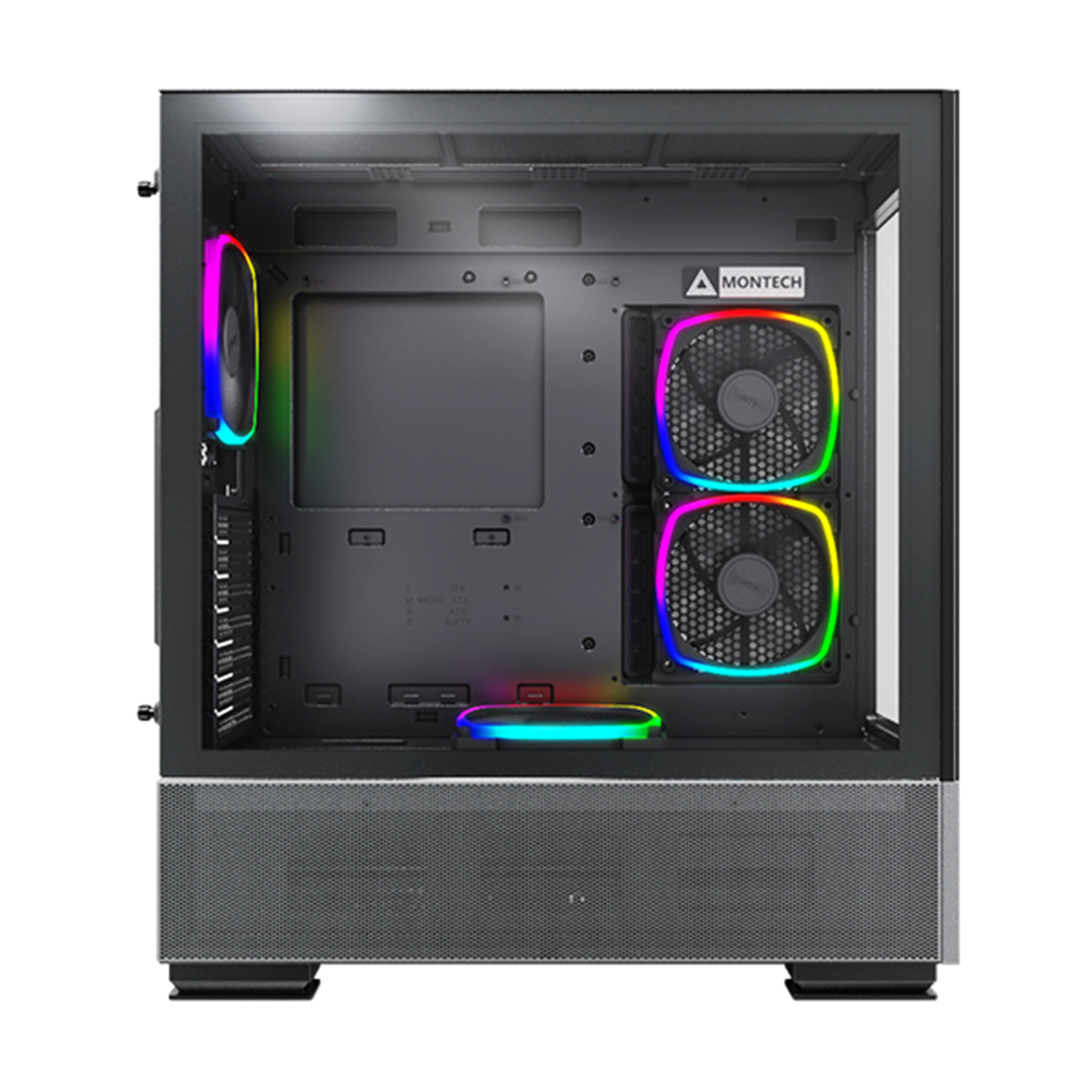 Un case per computer vuoto con più ventole e una parte anteriore in rete. Il case è nero.