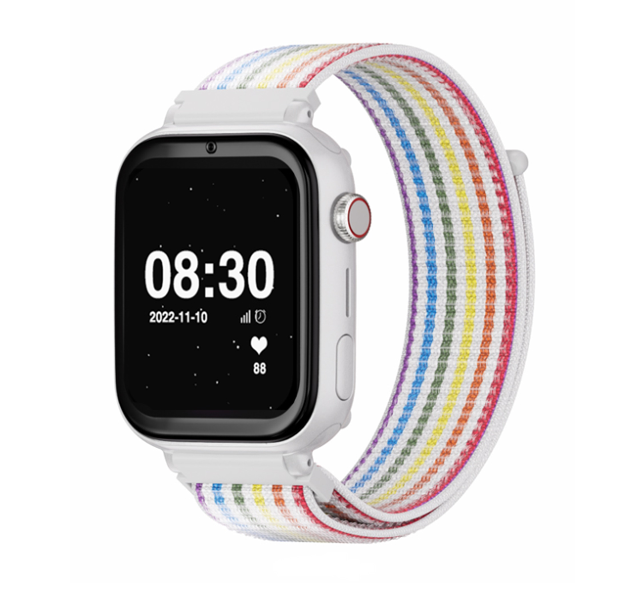 Biały smartwatch z tęczowym paskiem wyświetlający czas i dane zdrowotne.