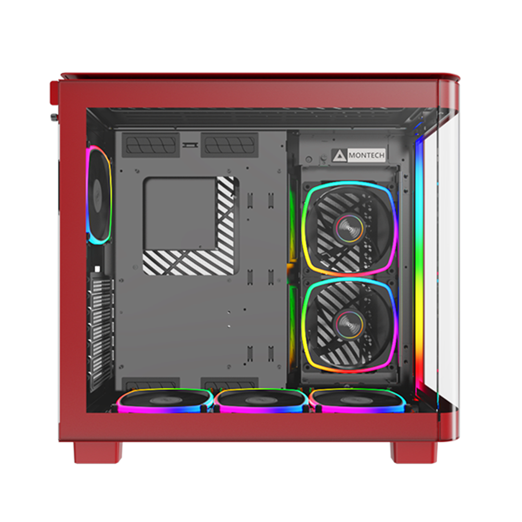 Un boîtier d'ordinateur rouge avec des composants internes, dont des ventilateurs avec des lumières colorées.