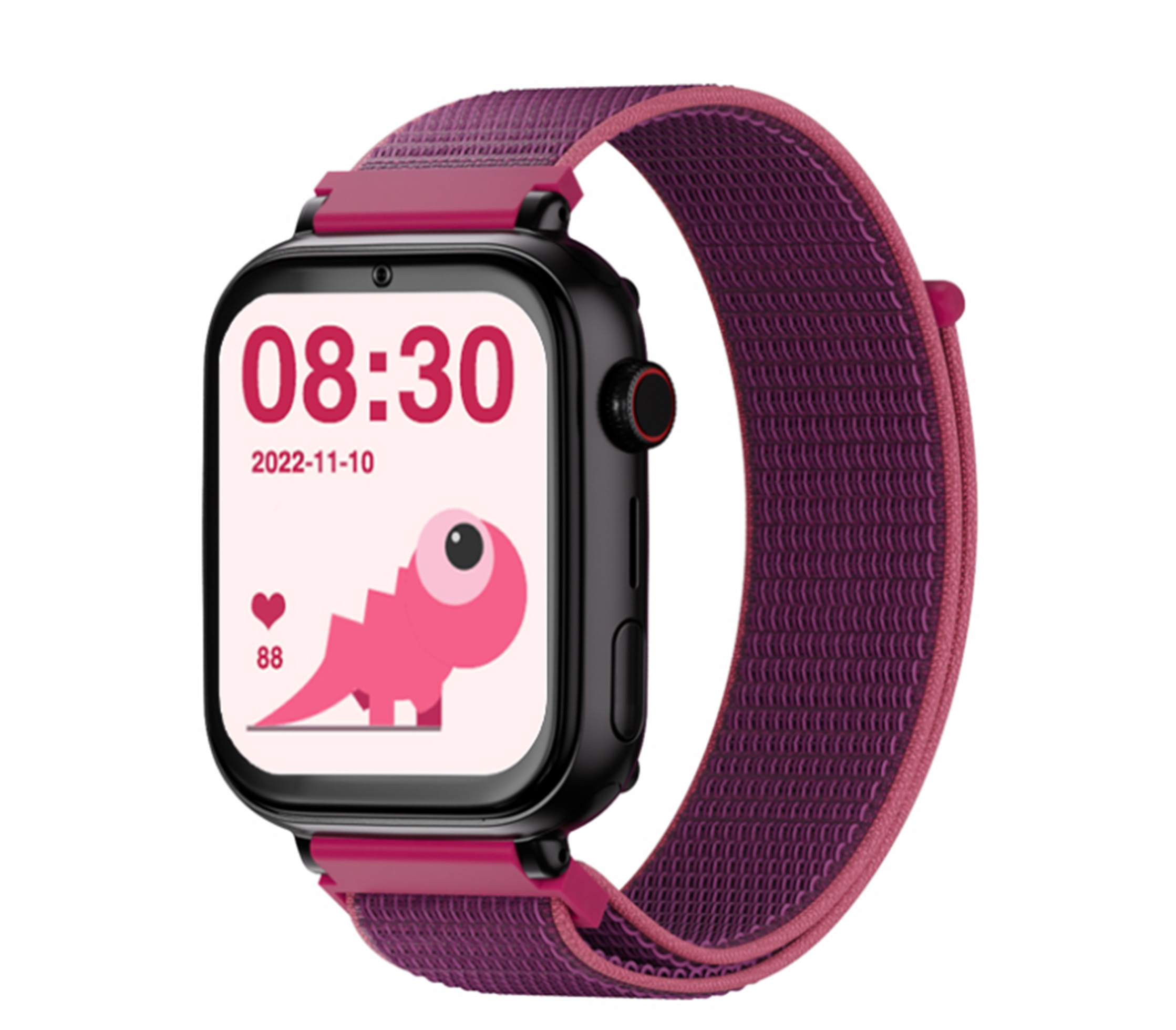 Smartwatch z czerwonym paskiem, ekran wyświetla godzinę i dinozaura z kreskówki.