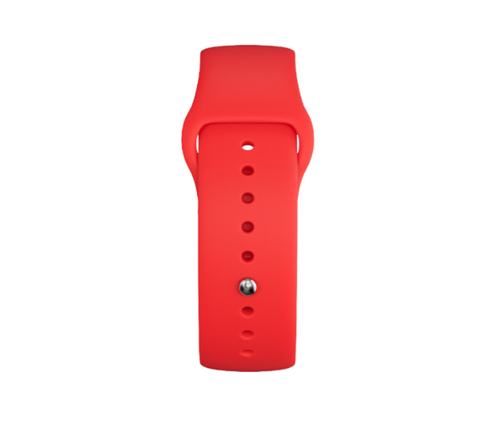 Czerwony pasek do zegarka z kilkoma otworami i srebrnym zapięciem.