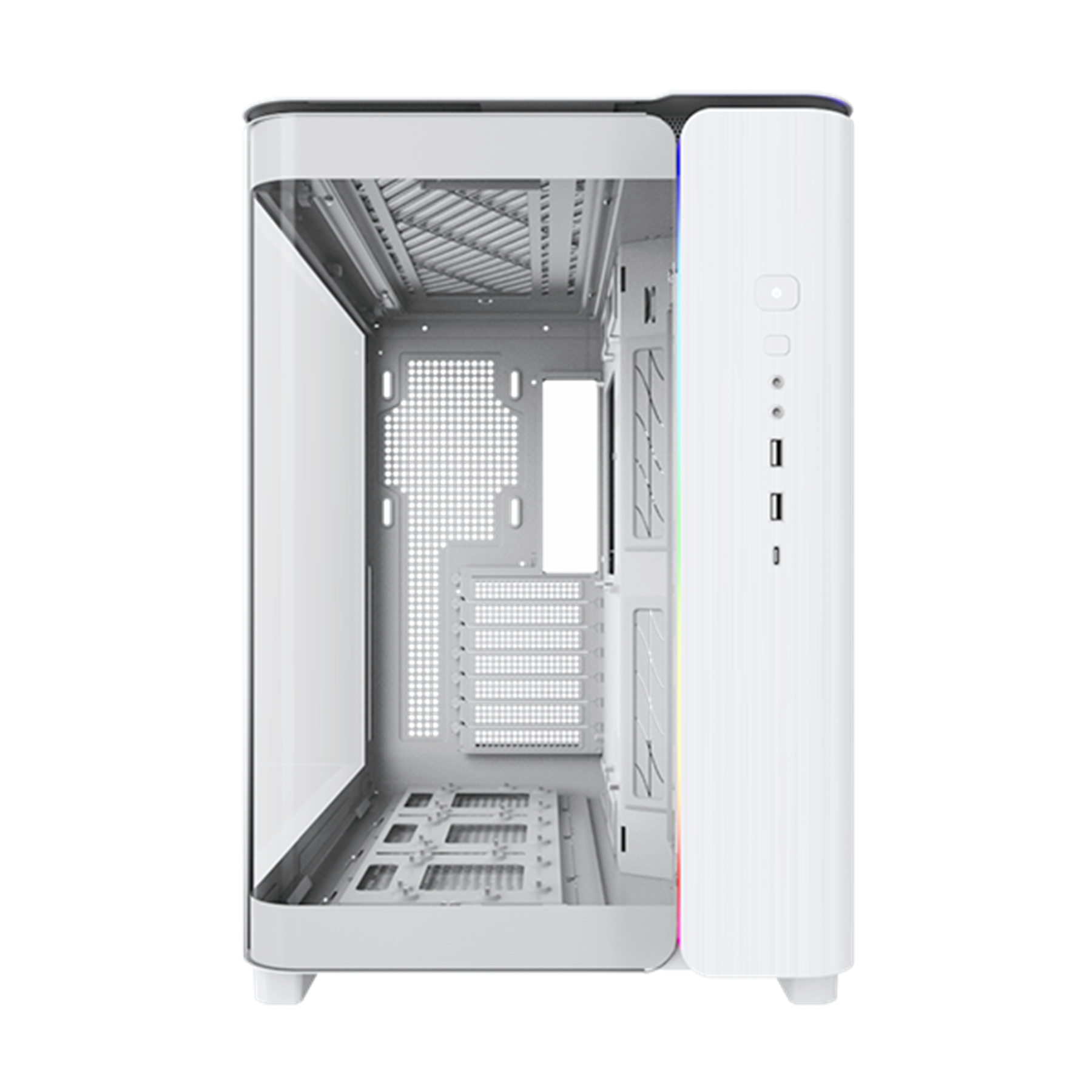 White computer case. The case has glass panels. The interior is visible.