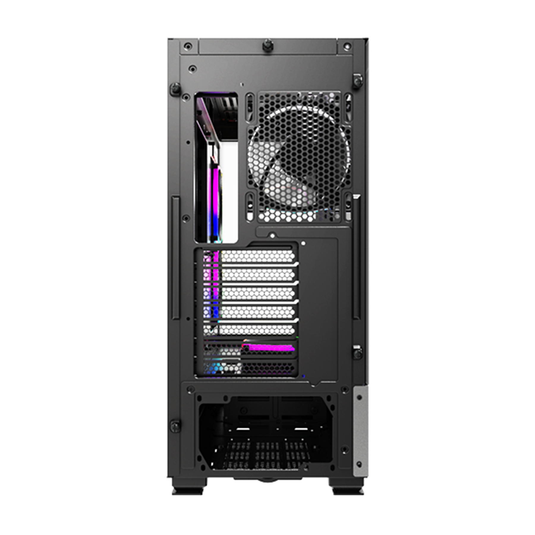L'interno di un case per computer, che mostra vari componenti e una ventola.