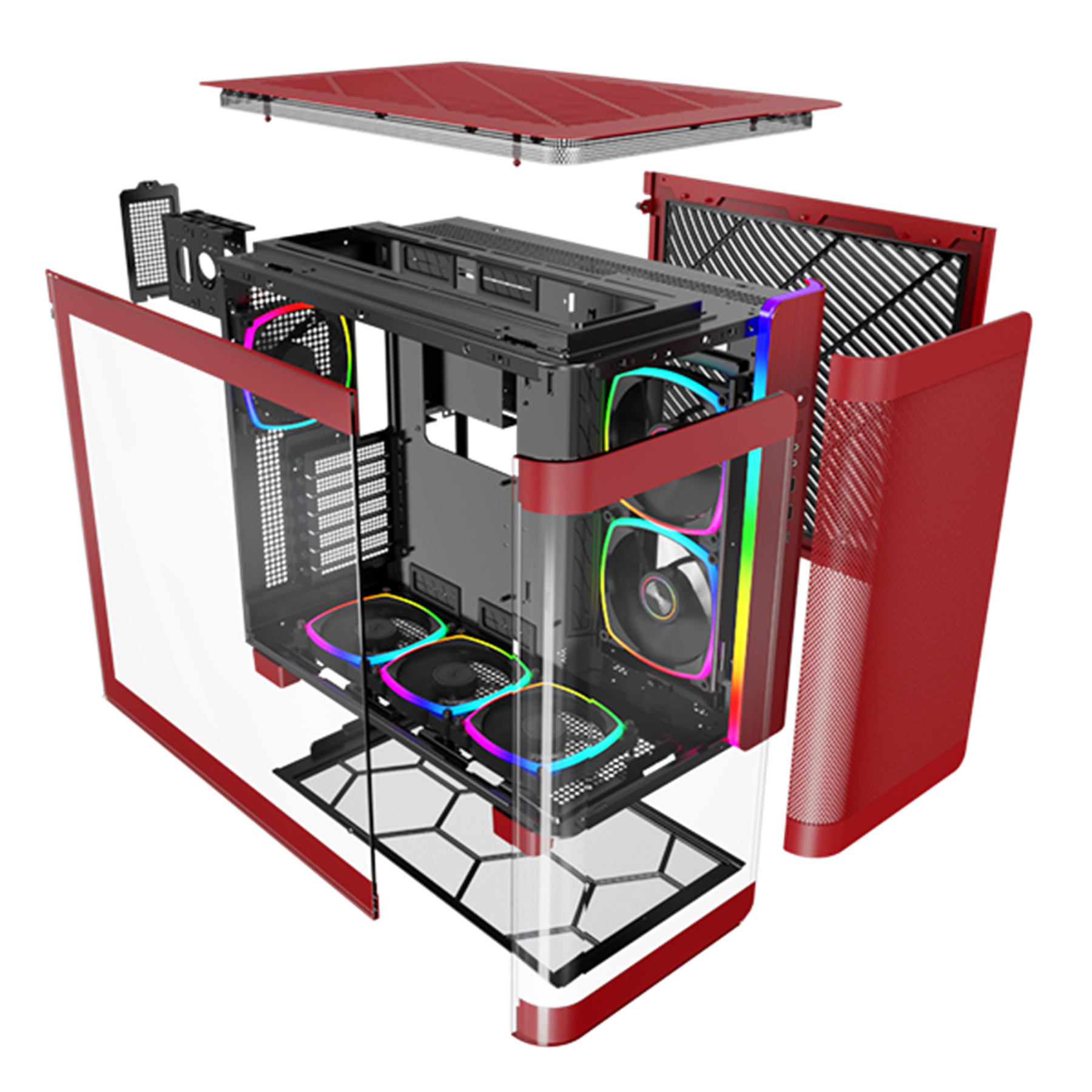 Composants d'ordinateur dans un boîtier rouge. À l'intérieur se trouvent des ventilateurs et d'autres pièces avec des lumières colorées.