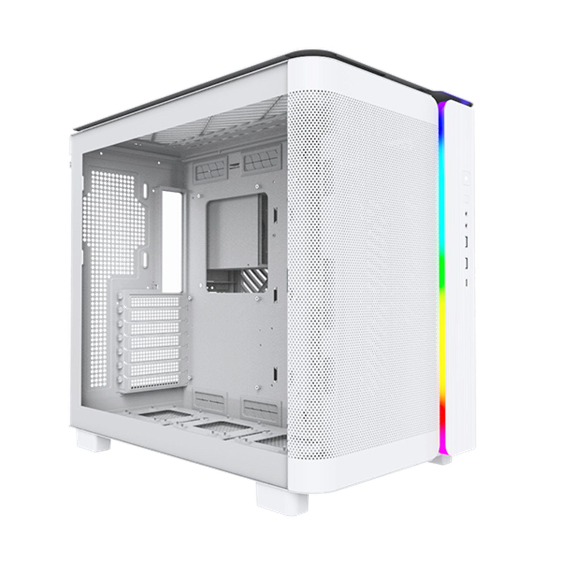 White computer case with a perforated side panel, rainbow LED strip, and open interior.