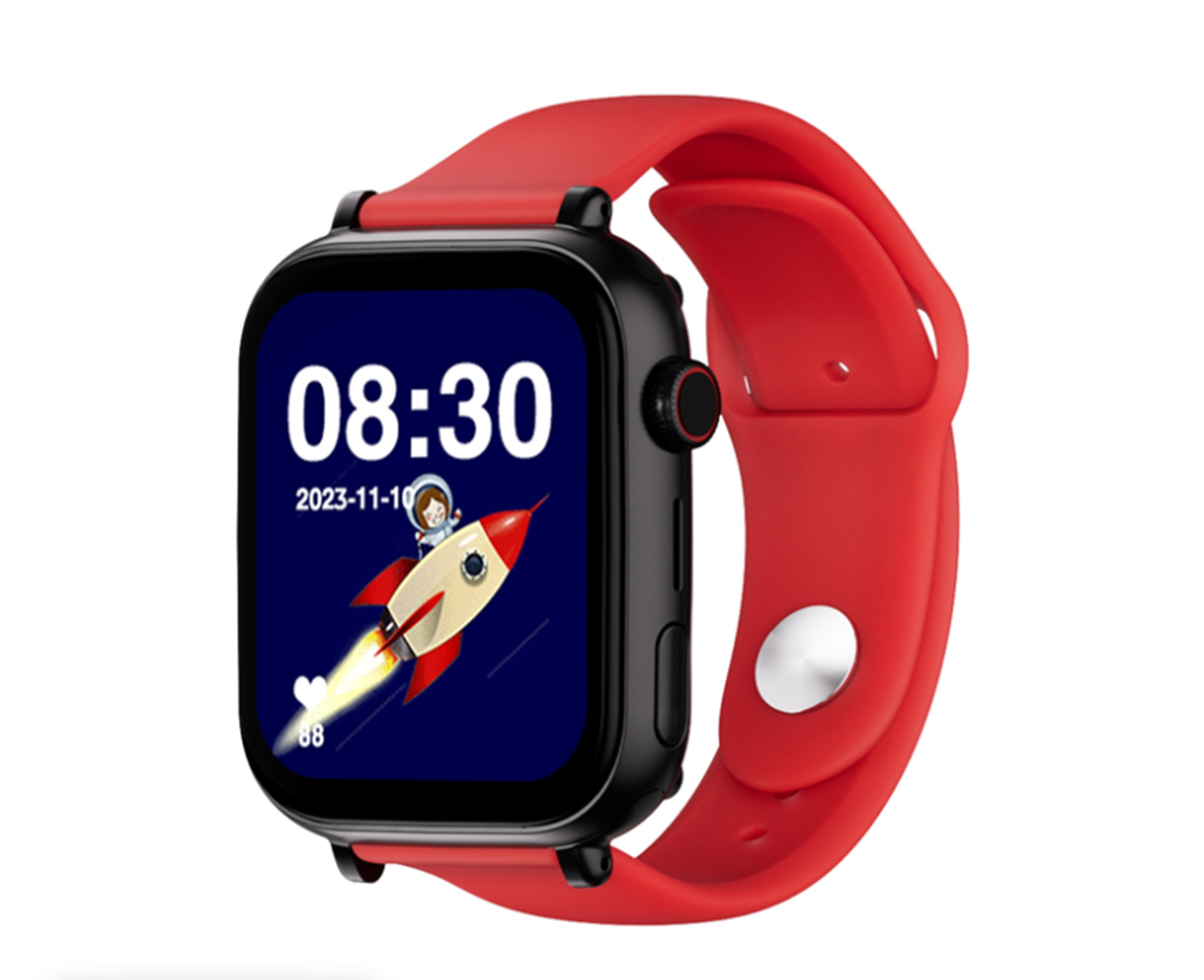 Czerwony smartwatch z czarnym korpusem, wyświetlający grafikę rakiety i datę.