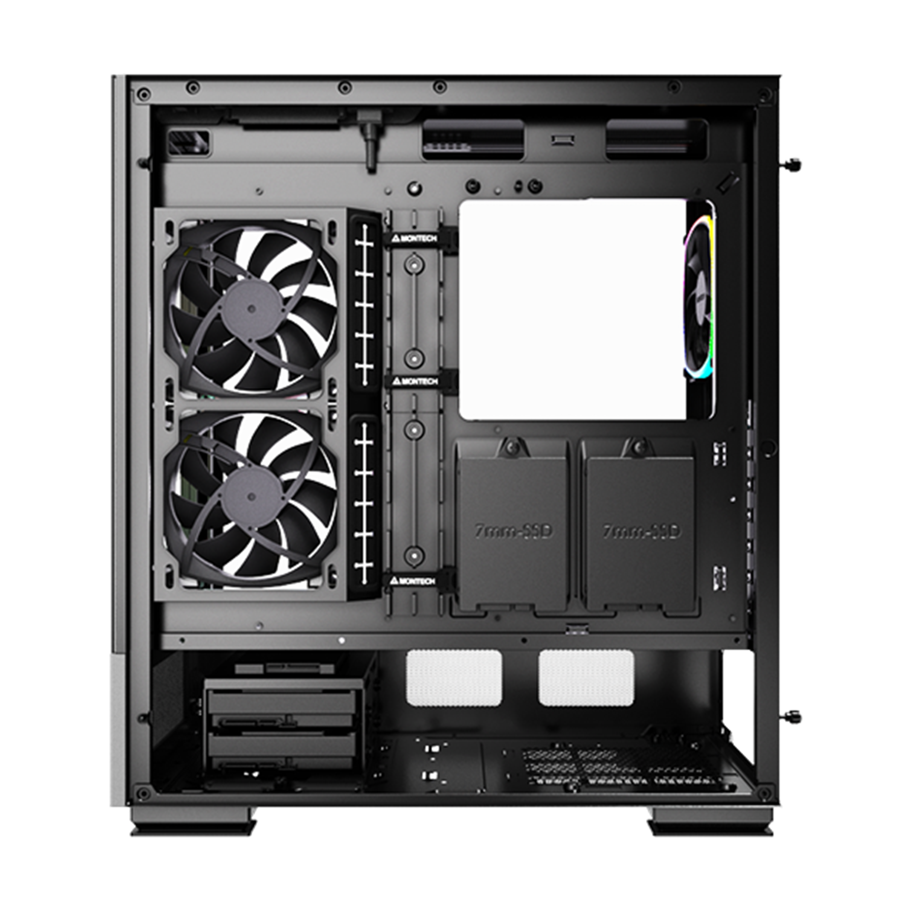Interno di un case per computer. Due ventole, vari scomparti e cablaggio. Nero e argento.