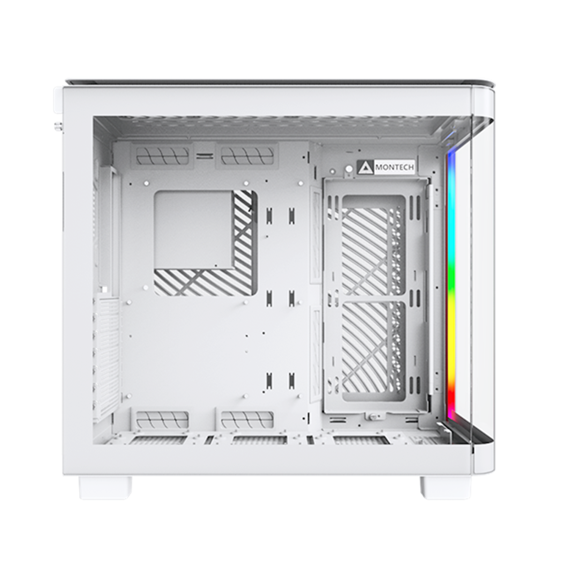 Empty white PC case with glass side panel. Internal components area visible. Black background.