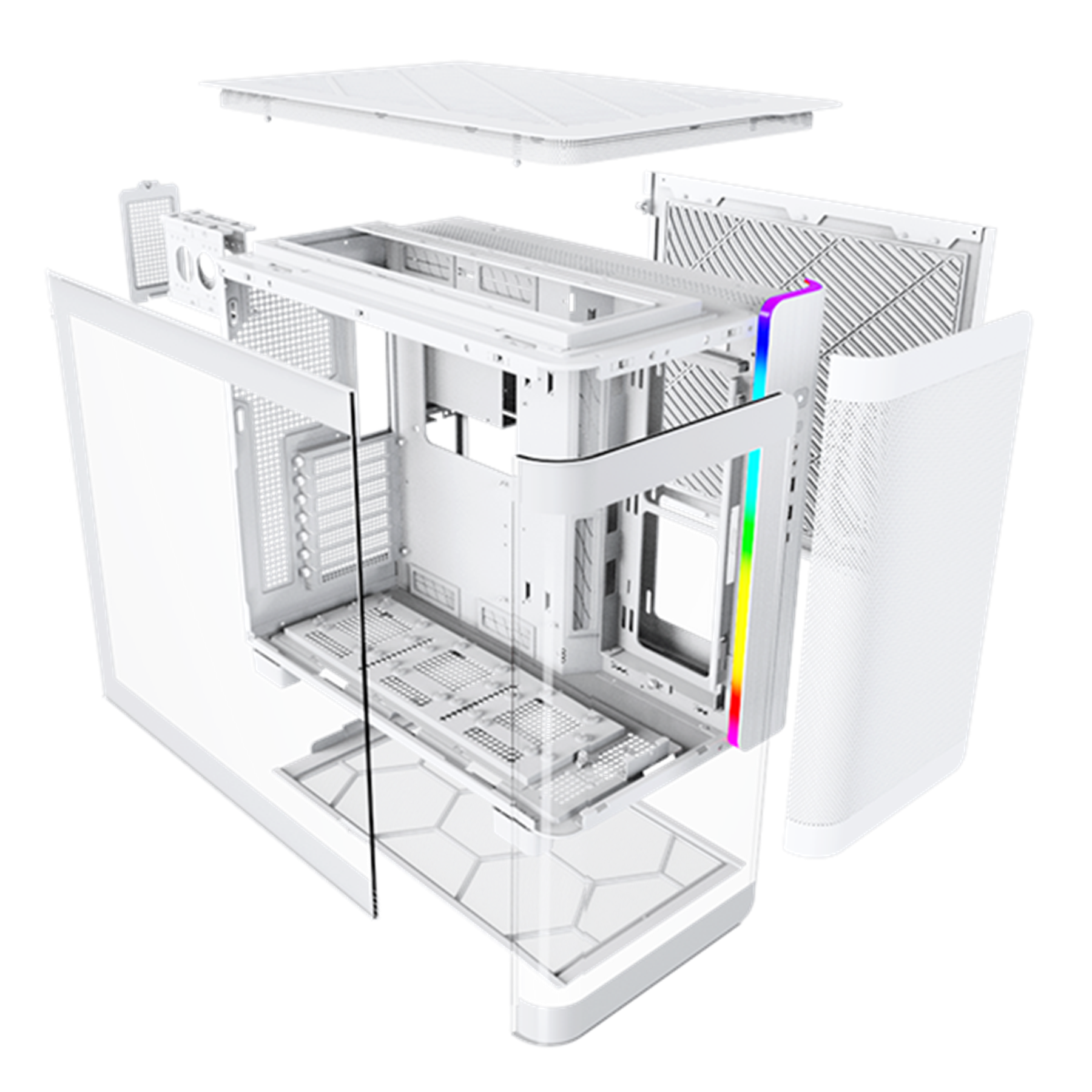An exploded view of a white computer case showing the internal components and structure in detail.