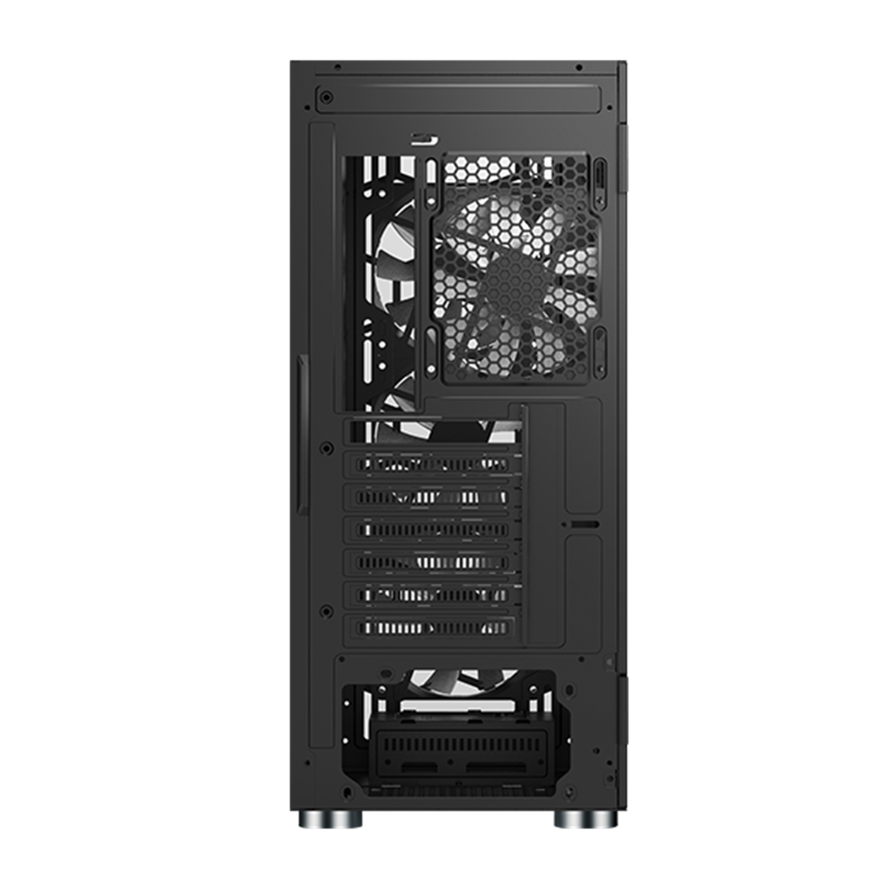 Arrière d'un boîtier d'ordinateur noir. Ventilateur, aérations et divers ports sont visibles. Fond noir.
