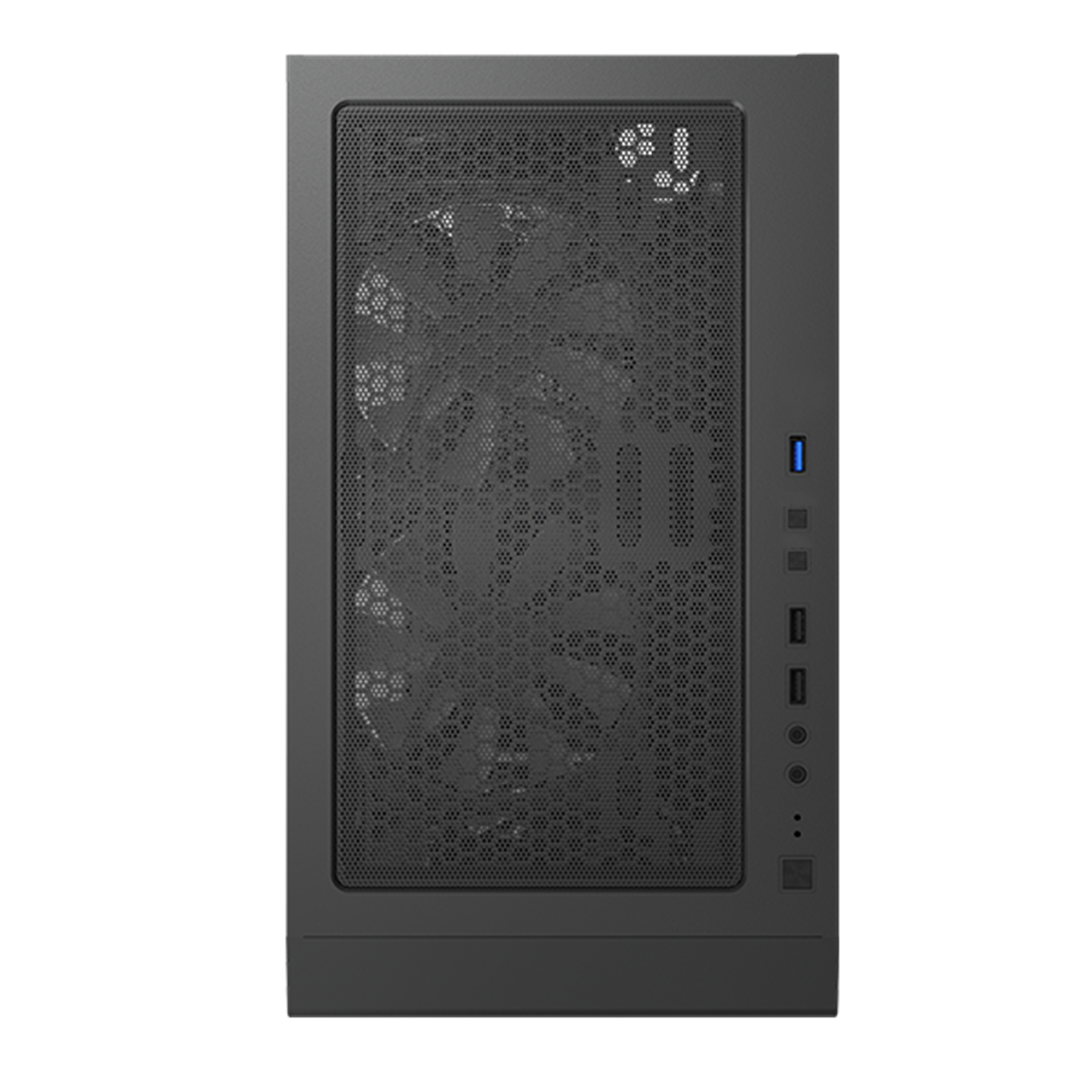 Un boîtier d'ordinateur noir avec façade en mesh, ports et bouton d'alimentation.