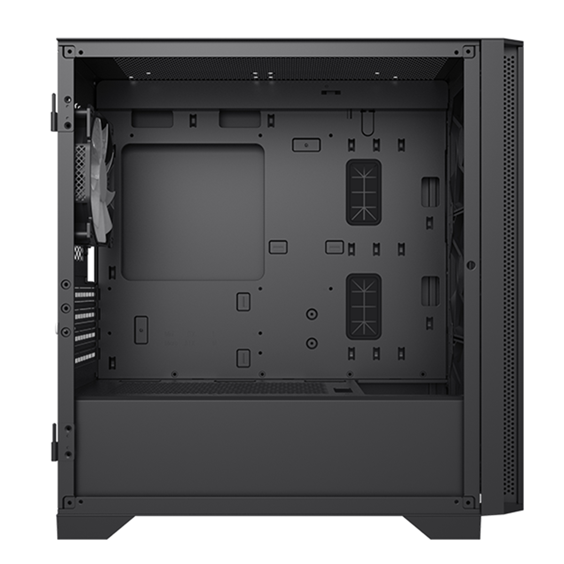 Pusta czarna obudowa komputera, z widoczną strukturą wewnętrzną.