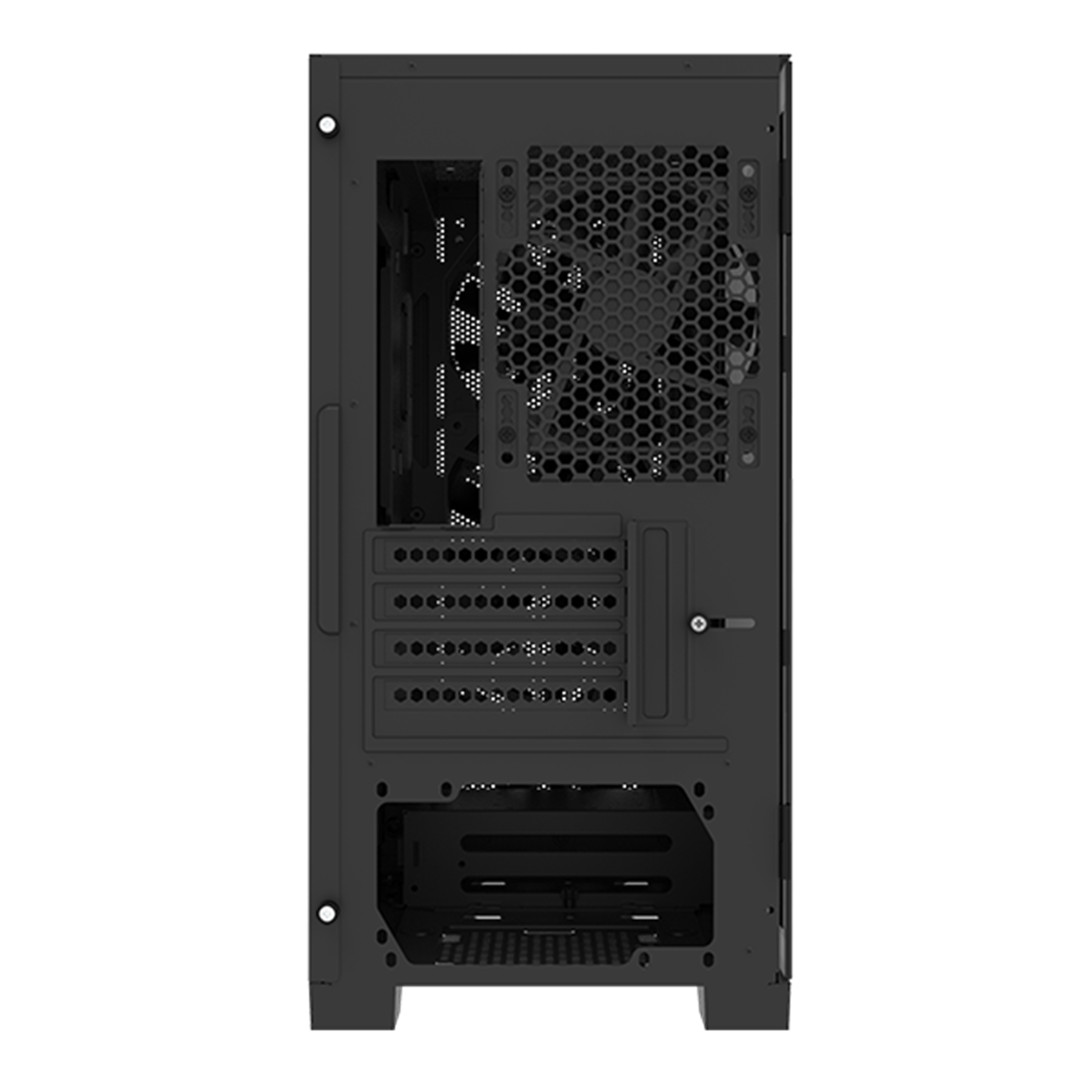 Tylny panel czarnej obudowy komputera, z wieloma otworami i kratką wentylatora.