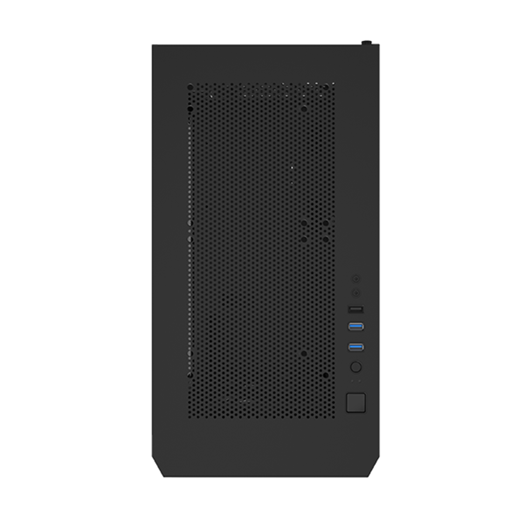 Czarna obudowa komputera z perforowanym panelem przednim i czarnym tłem. Obudowa jest pusta.