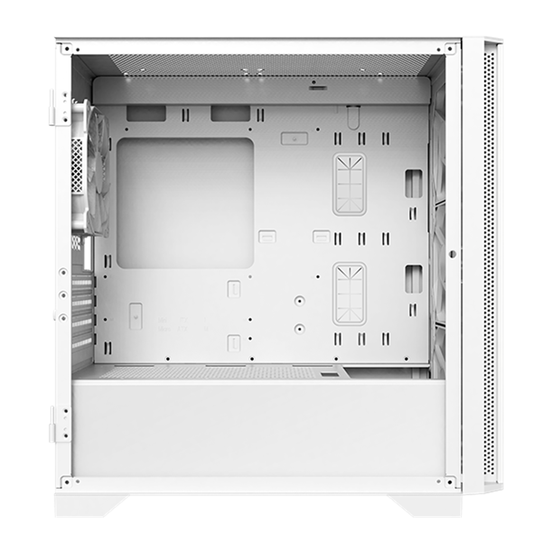 Empty white computer case with open side. Interior with various mounting points and features.