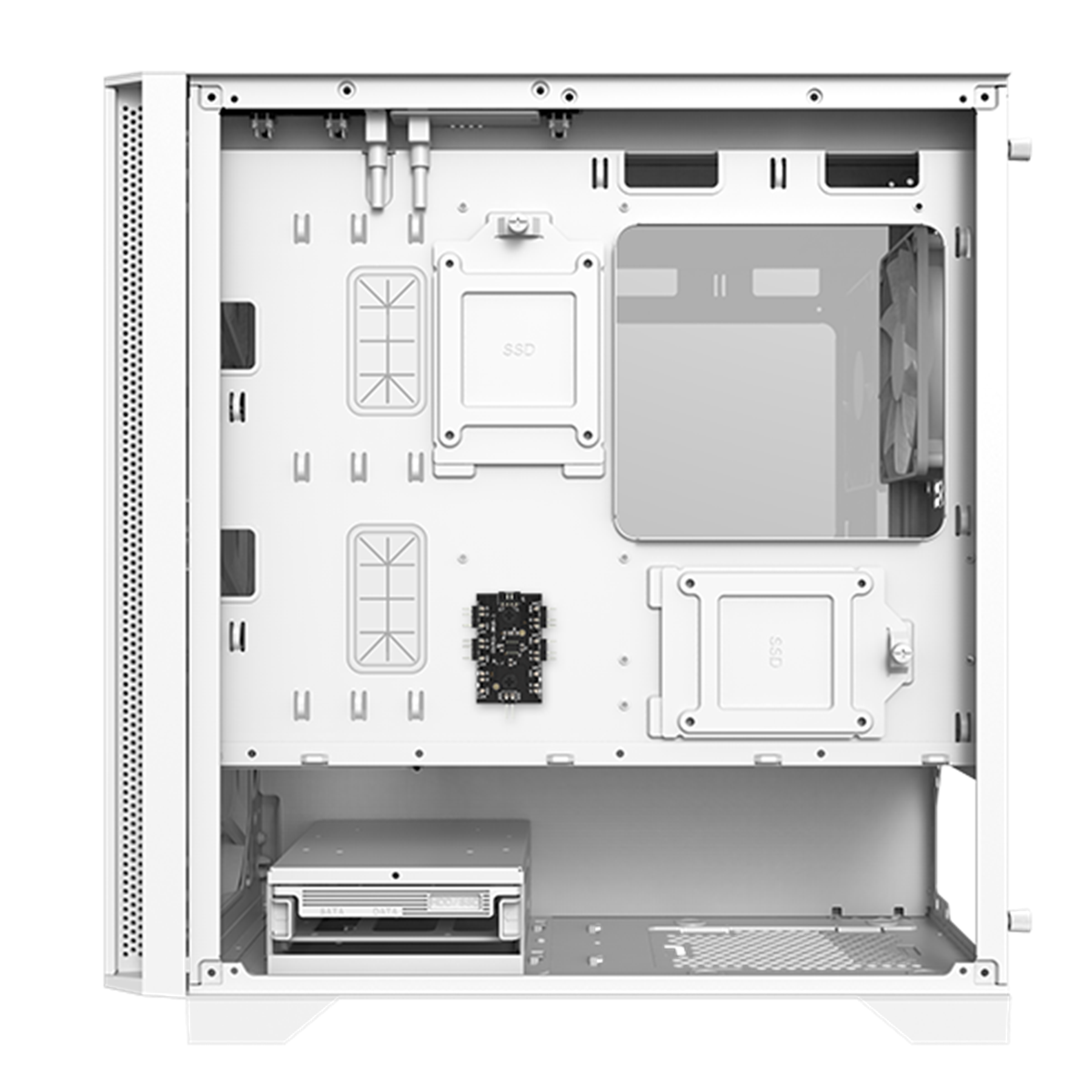 White PC case interior, with components mounts, SSD slots, and a clear side panel.
