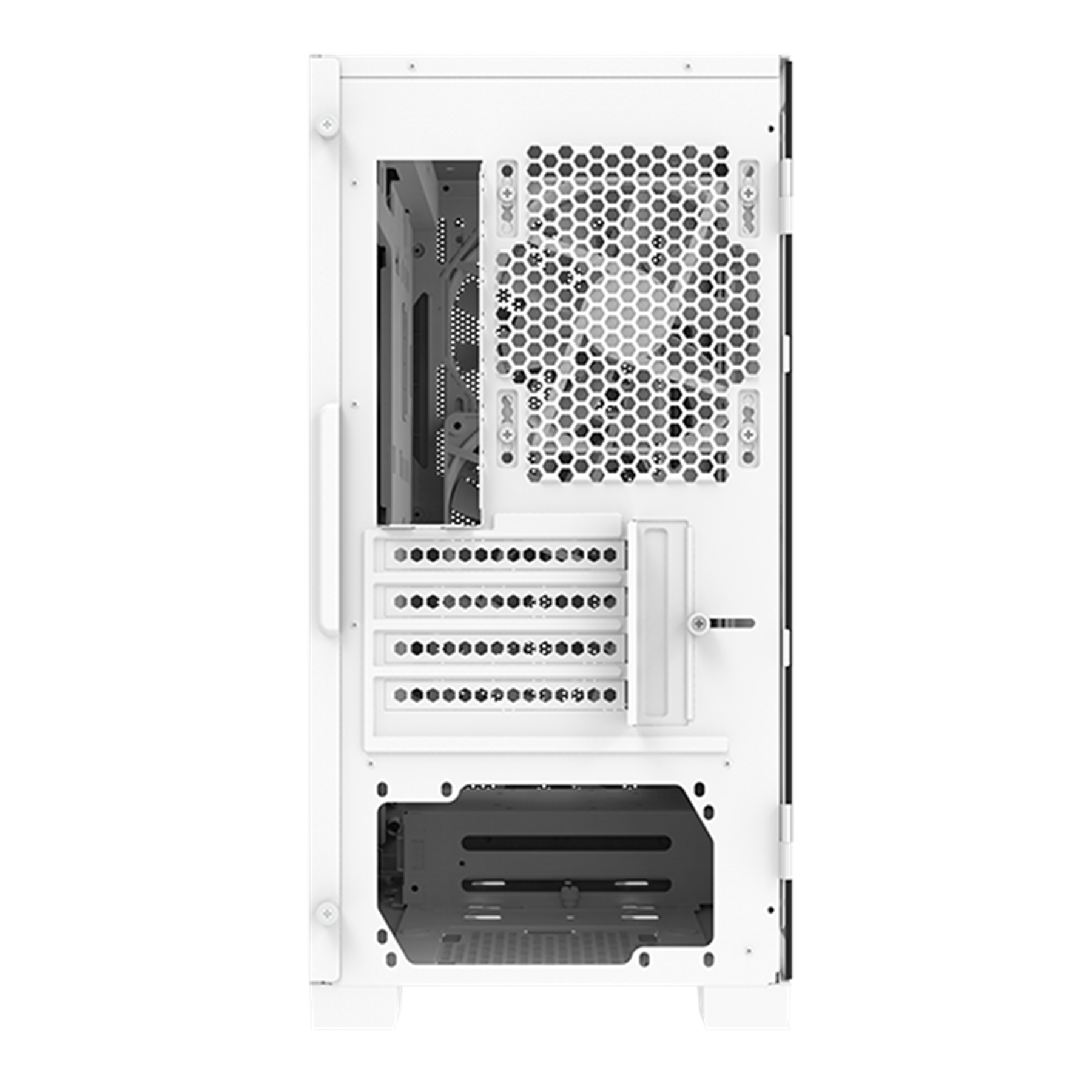 White computer case, back view. It has a honeycomb pattern and several openings.