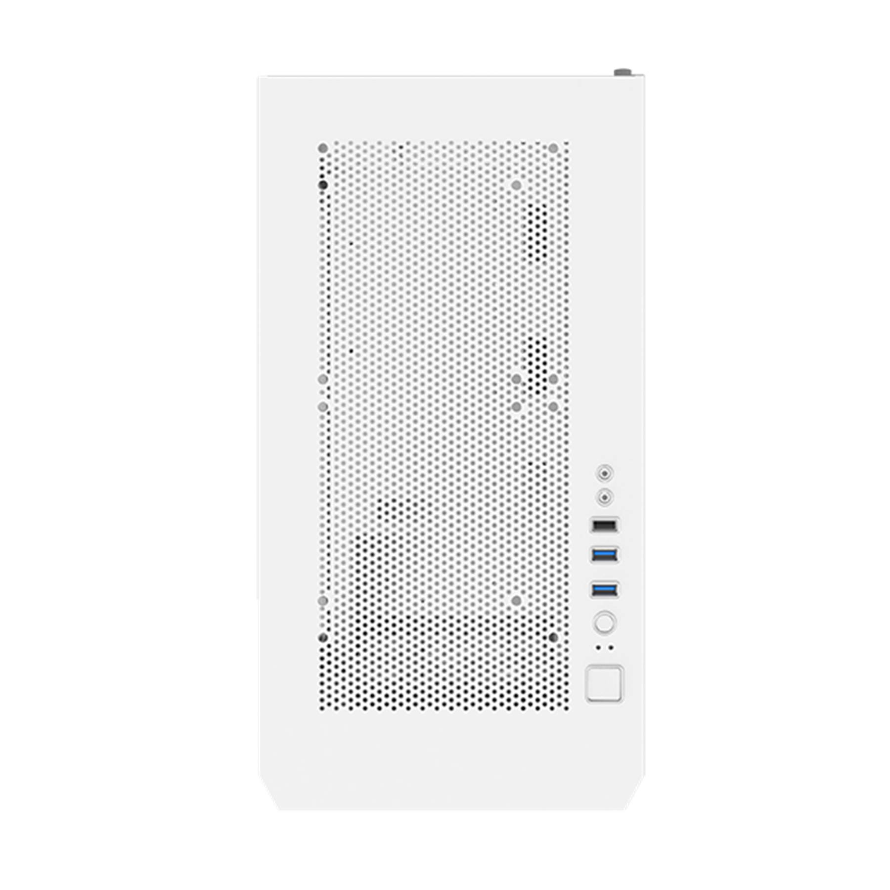 White computer case, front view. Perforated front panel and USB ports. Clean modern design.