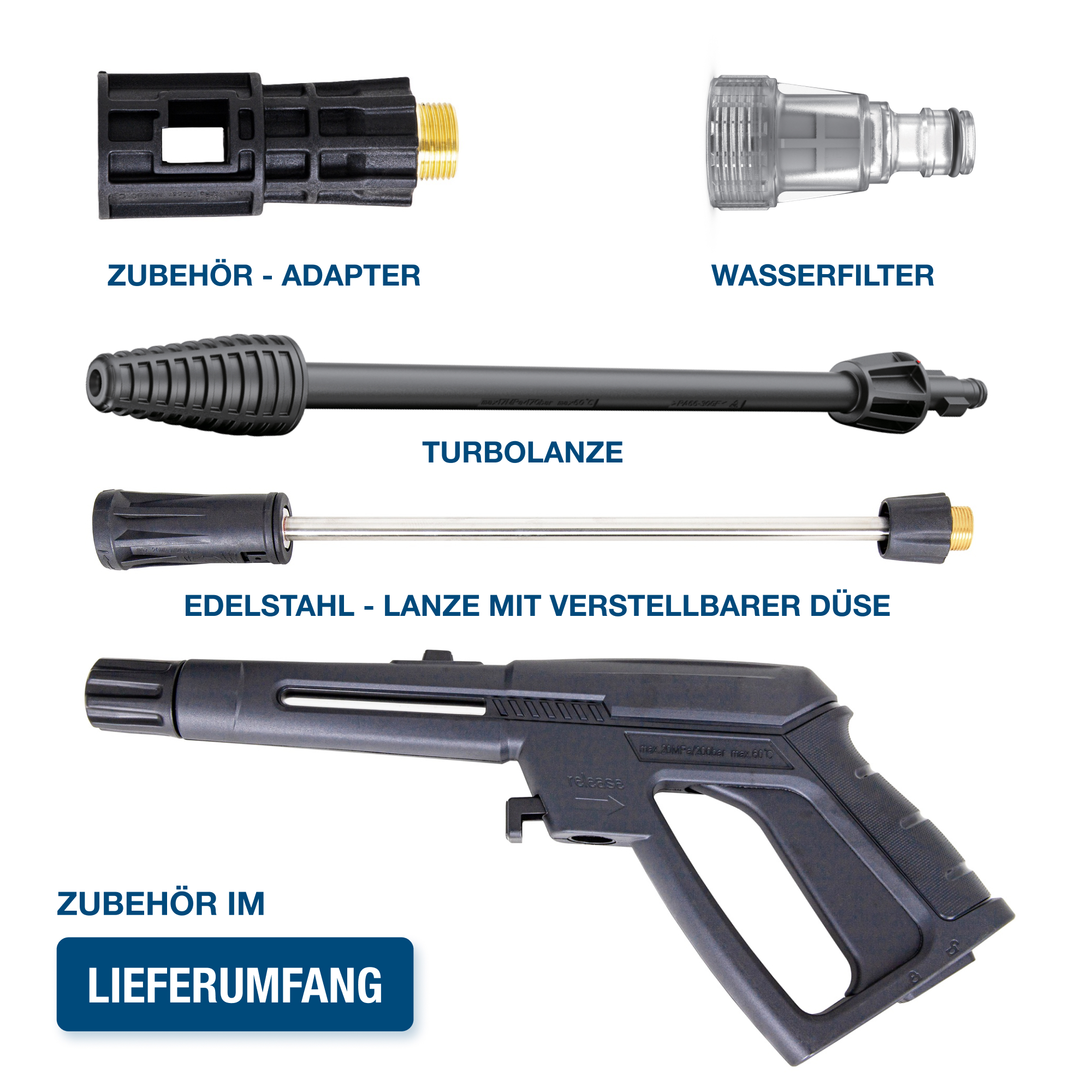 Hochdruckreiniger-Zubehör: Adapter, Wasserfilter, Turbodüse, verstellbare Düsenlanze und Griff.
