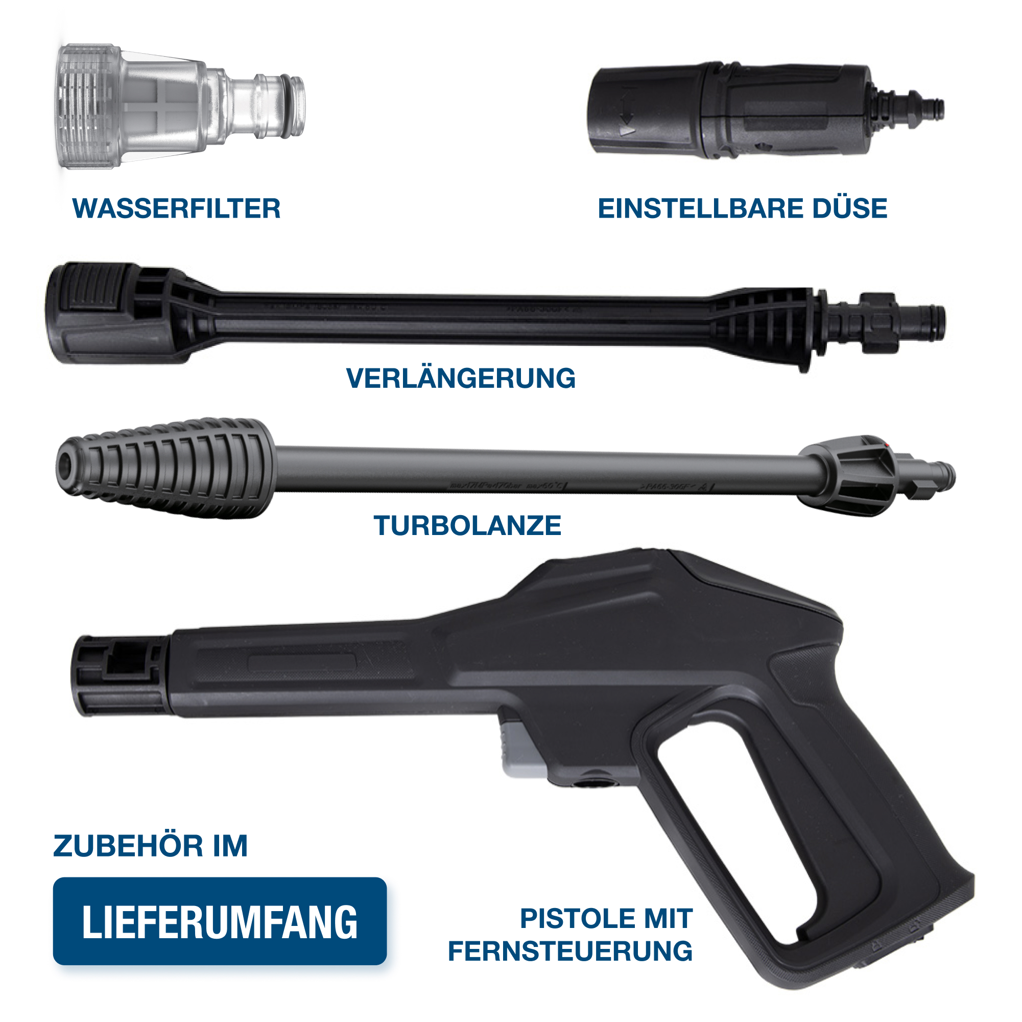 Verschiedenes Hochdruckreinigerzubehör, beschriftet: Wasserfilter, Düse, Verlängerung und Pistole.