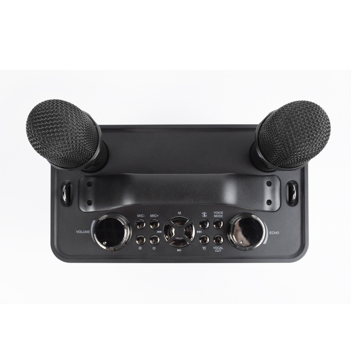 Czarny automat do karaoke z dwoma mikrofonami. Widoczne pokrętła głośności, echa i trybu.
