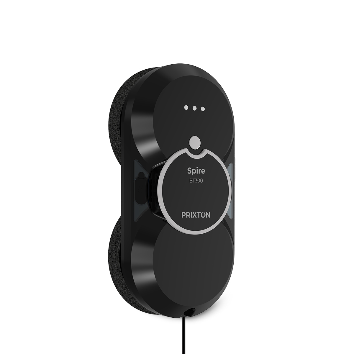 Czarny robot do mycia okien z tekstem 'Spire' i logo. Czarny przewód wisi poniżej.