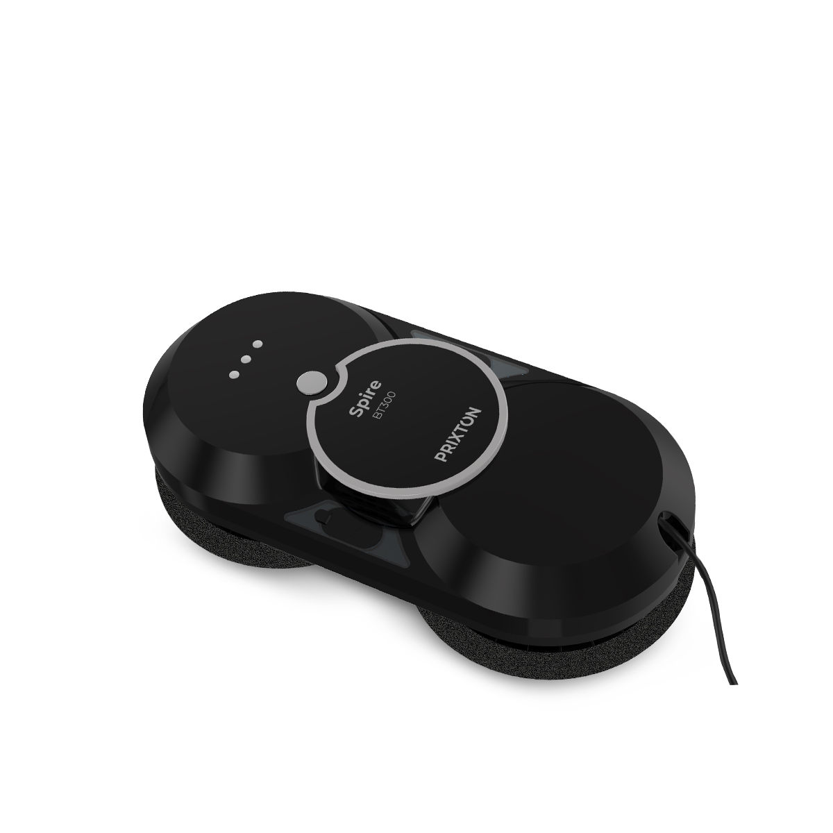 Czarny robot do mycia okien z okrągłym środkiem i dwoma nakładkami czyszczącymi.