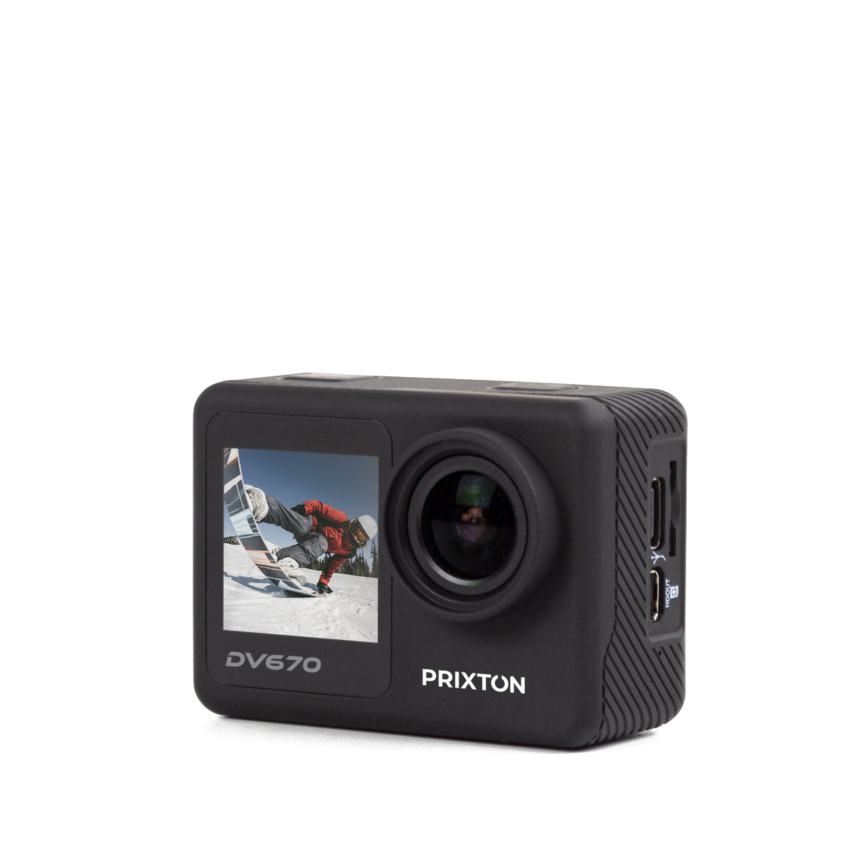 Czarna kamera sportowa z ekranem pokazującym narciarza. Marka to PRIXTON.