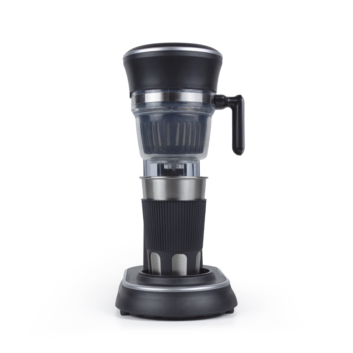 Czarny i srebrny ekspres do kawy z uchwytem na białym tle.