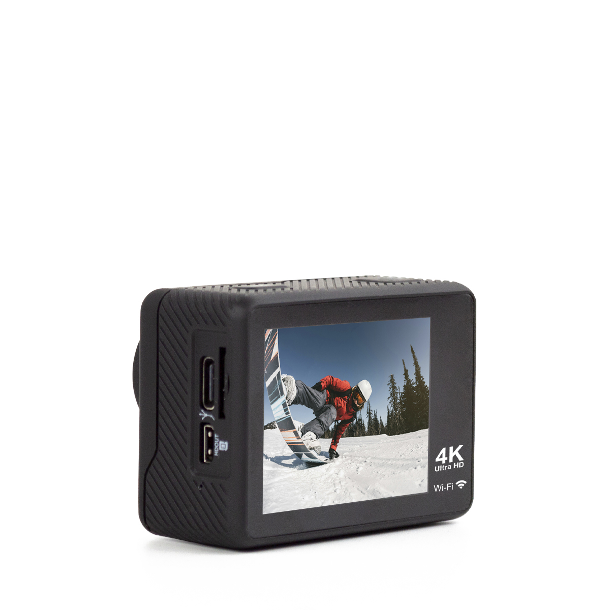 Czarna kamera sportowa z ekranem wyświetlającym snowboardzistę. Wyświetlane są 4K Ultra HD i Wi-Fi.