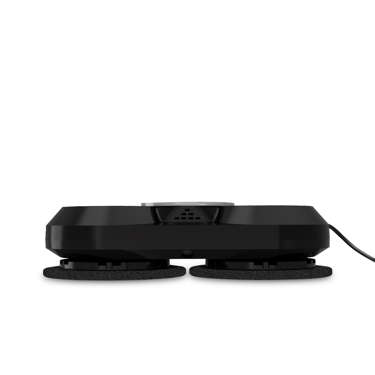 Czarny odkurzacz robot z dwoma okrągłymi podkładkami na białym tle.