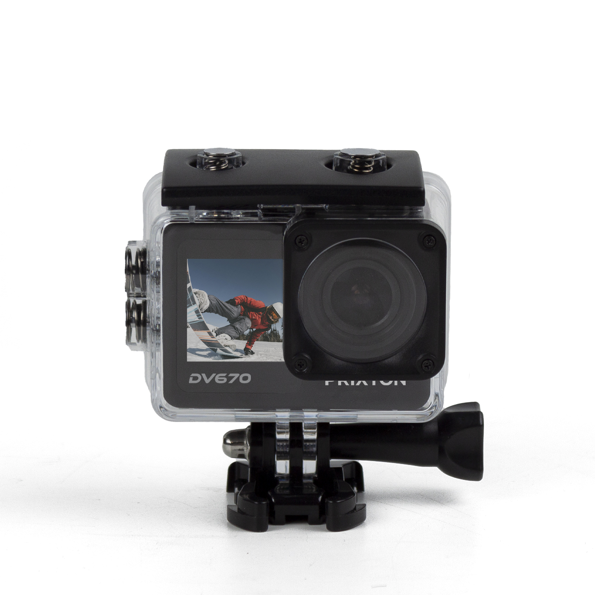 Wodoodporna kamera sportowa w przezroczystej obudowie, z obrazem na ekranie, zamontowana na statywie.