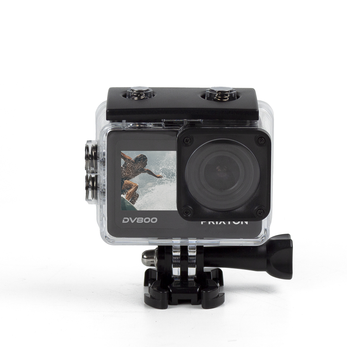 Kamera sportowa w wodoszczelnej obudowie, z ekranem pokazującym surfera.