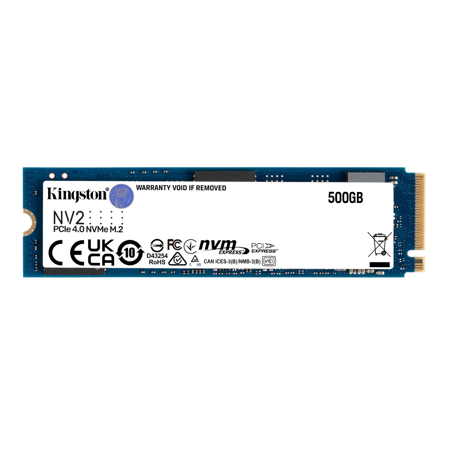Blue, black and white solid-state drive (SSD). Kingston NV2, 500GB. Contains text labels.