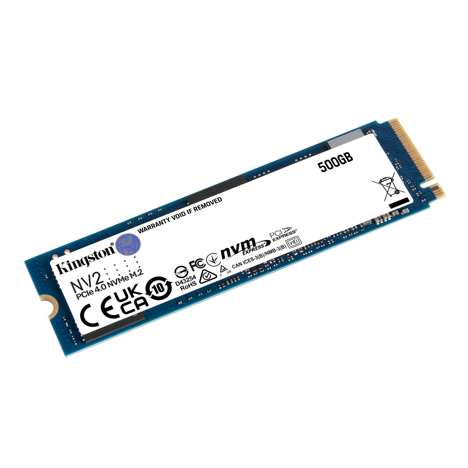 A Kingston NV2 4.0 NVMe M.2 SSD, with a label and the capacity '500GB'.