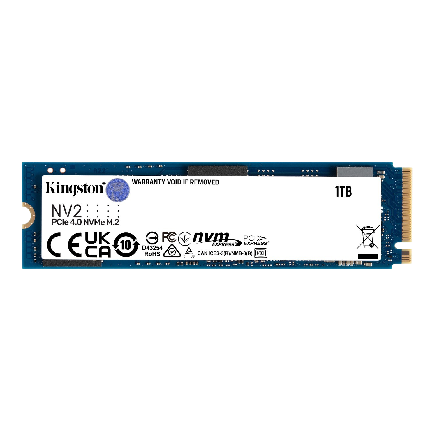 Unità SSD NV2 Kingston blu. Il testo '1TB' è visibile. Ha un'etichetta e diversi componenti.