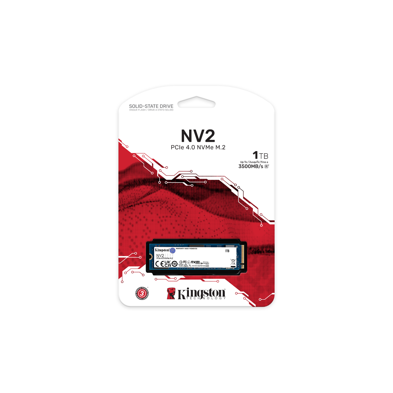 Unità a stato solido in confezione. Testo: NV2 PCIe 4.0 NVMe M.2 1TB. Logo Kingston visibile.