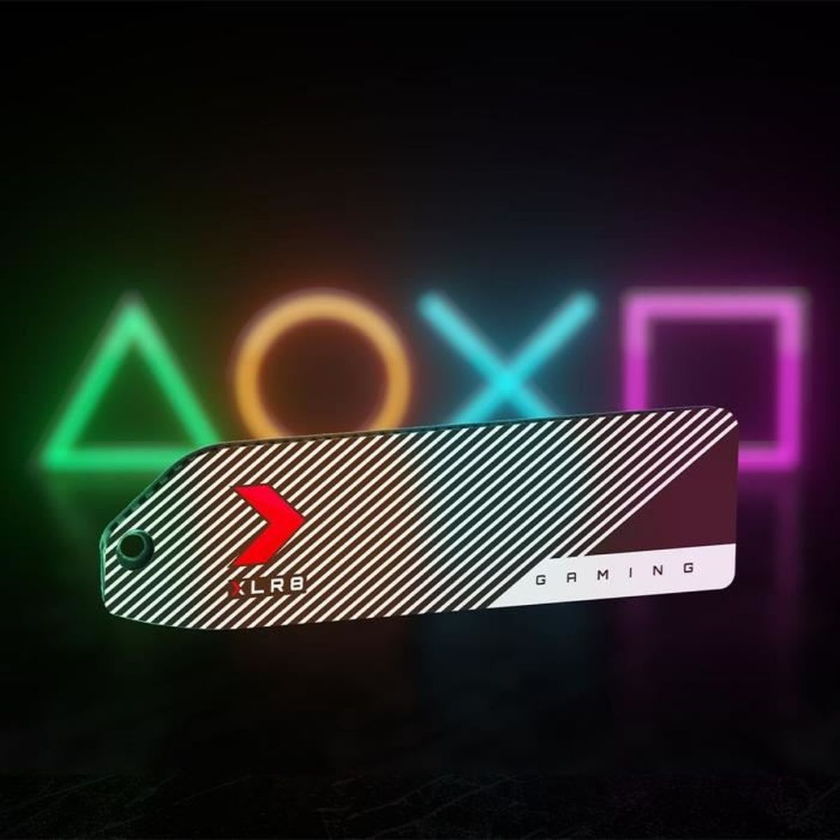 Akcesorium do gier z neonowymi symbolami PlayStation w tle.
