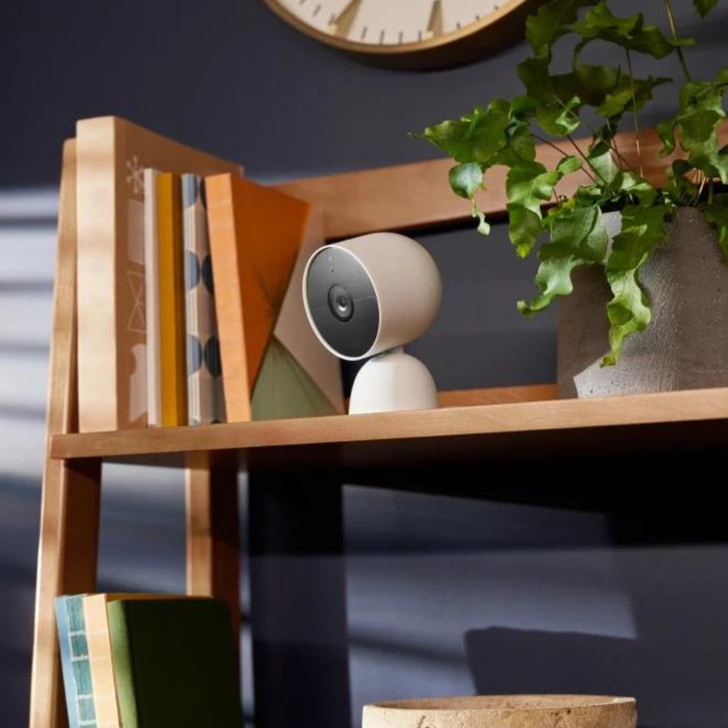 Smart Home Kamera auf einem Regal mit Büchern und einer Pflanze. Die Kamera ist weiß und rund.
