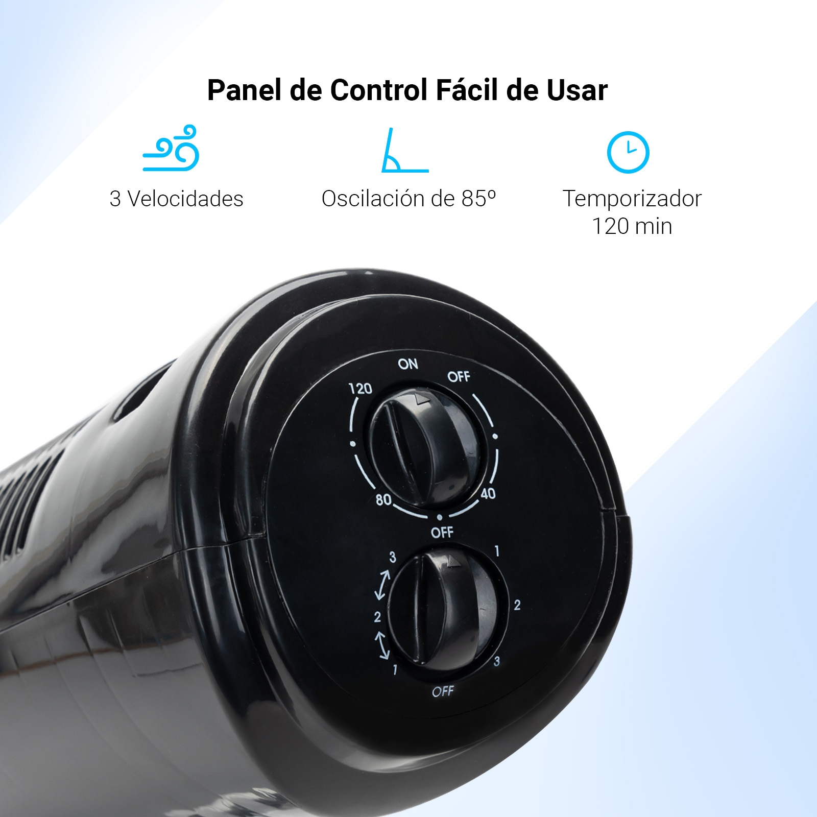 Panel de control de ventilador negro. Texto: 3 velocidades, oscilación de 85°, temporizador 120 min. Fondo azul.