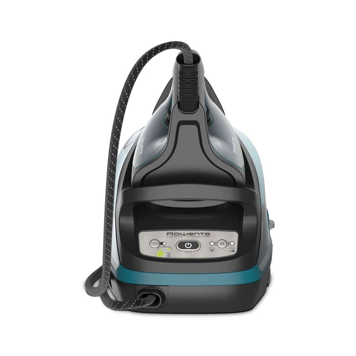 Rowenta Compact Steam Pro Bügeleisen. Schwarz und Türkis. Kabel in einer Schlaufe. Knöpfe für Dampf, Ein/Aus und OK. Auf weißem Hintergrund.