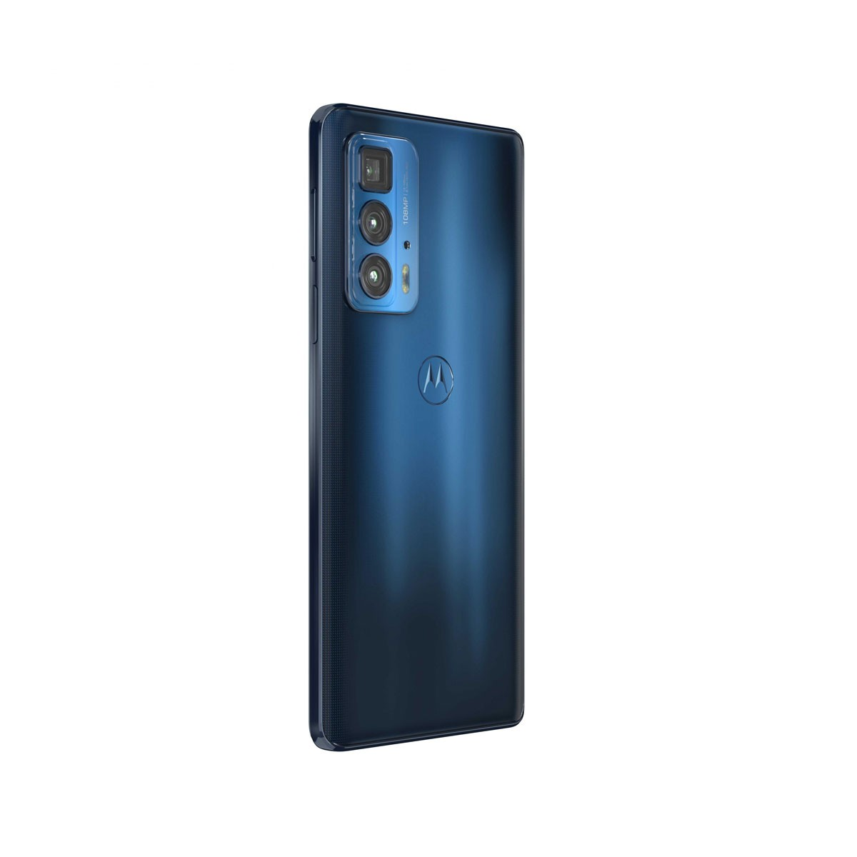 Parte trasera de smartphone azul con cámaras. Logotipo de Motorola visible.