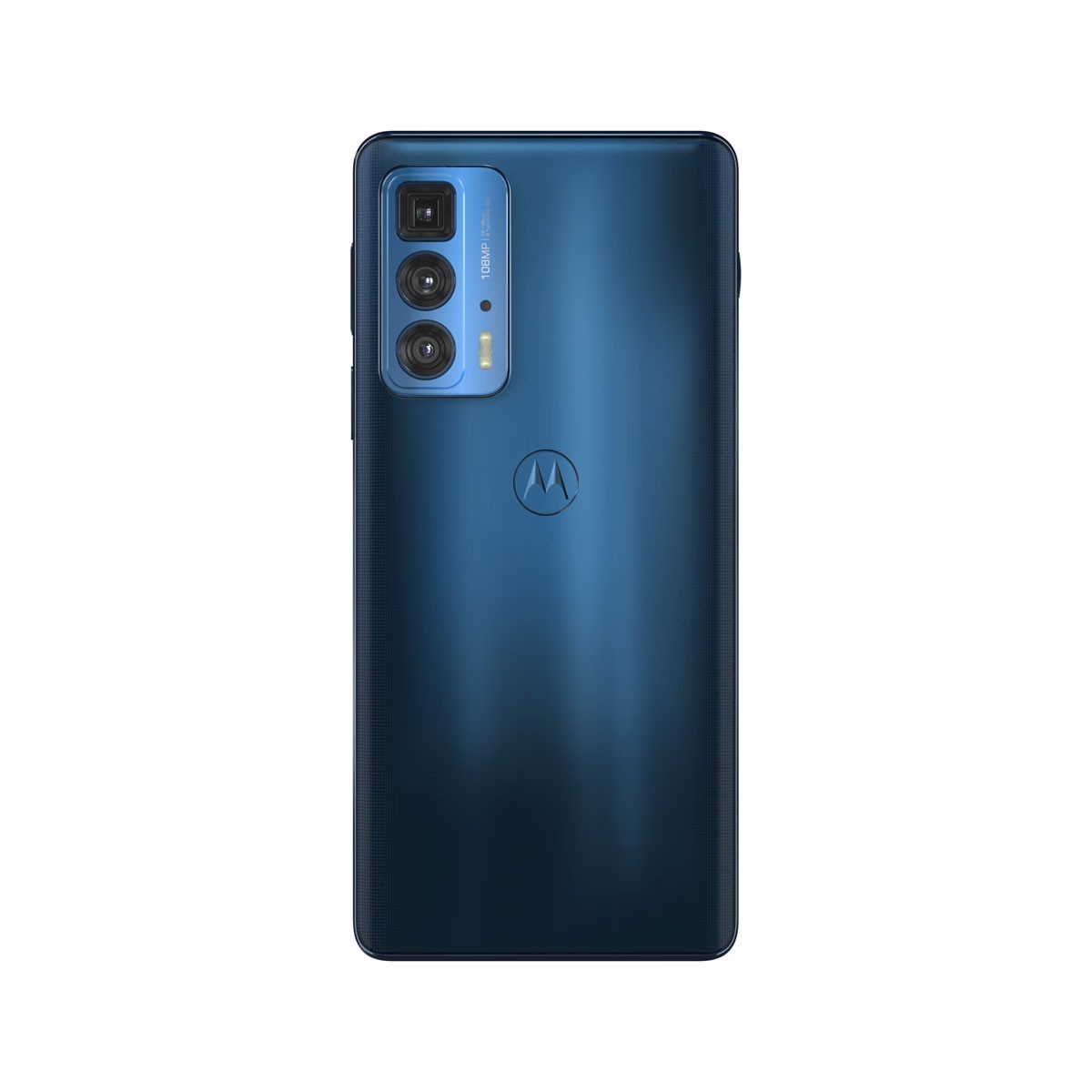 Parte trasera azul de un teléfono Motorola, con tres cámaras y logo, sobre fondo blanco.