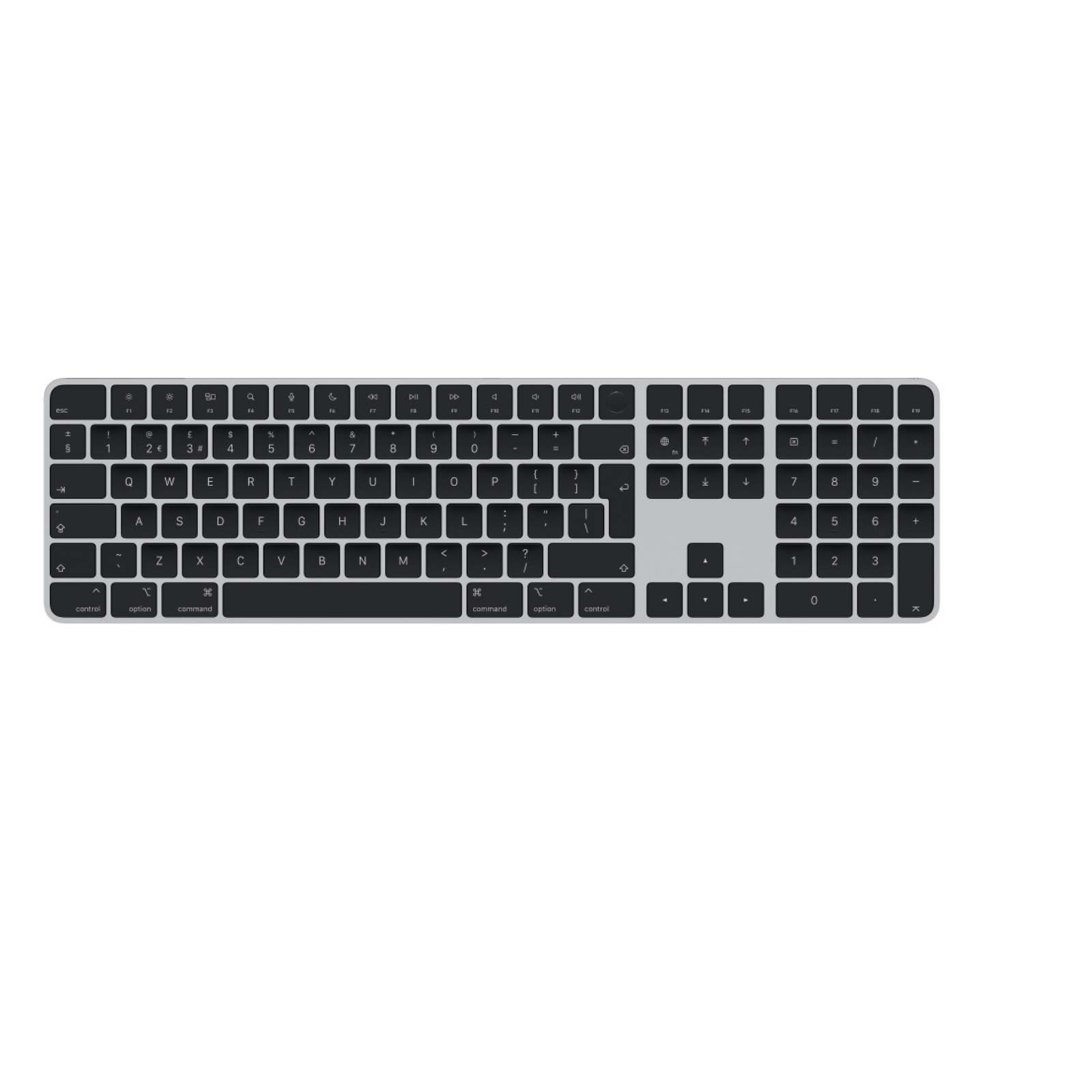 Silver Apple keyboard with white keys on a white background, simple and clean design.
